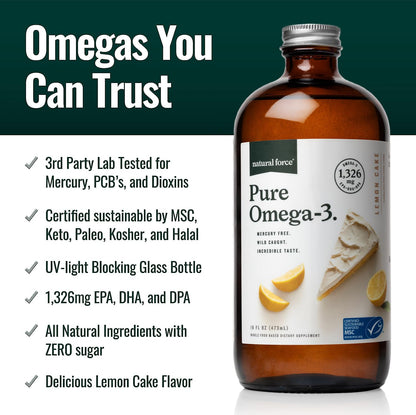 Natural Force Pure Omega 3 - Liquid Fish Oil - Delicious Lemon Cake Flavor - Mercury Free, Wild Caught, Lab Tested - 1,326 mg Triglyceride EPA, DHA, & DPA - 16 Oz Glass Bottle Natural ForceBuy Supplements Australia