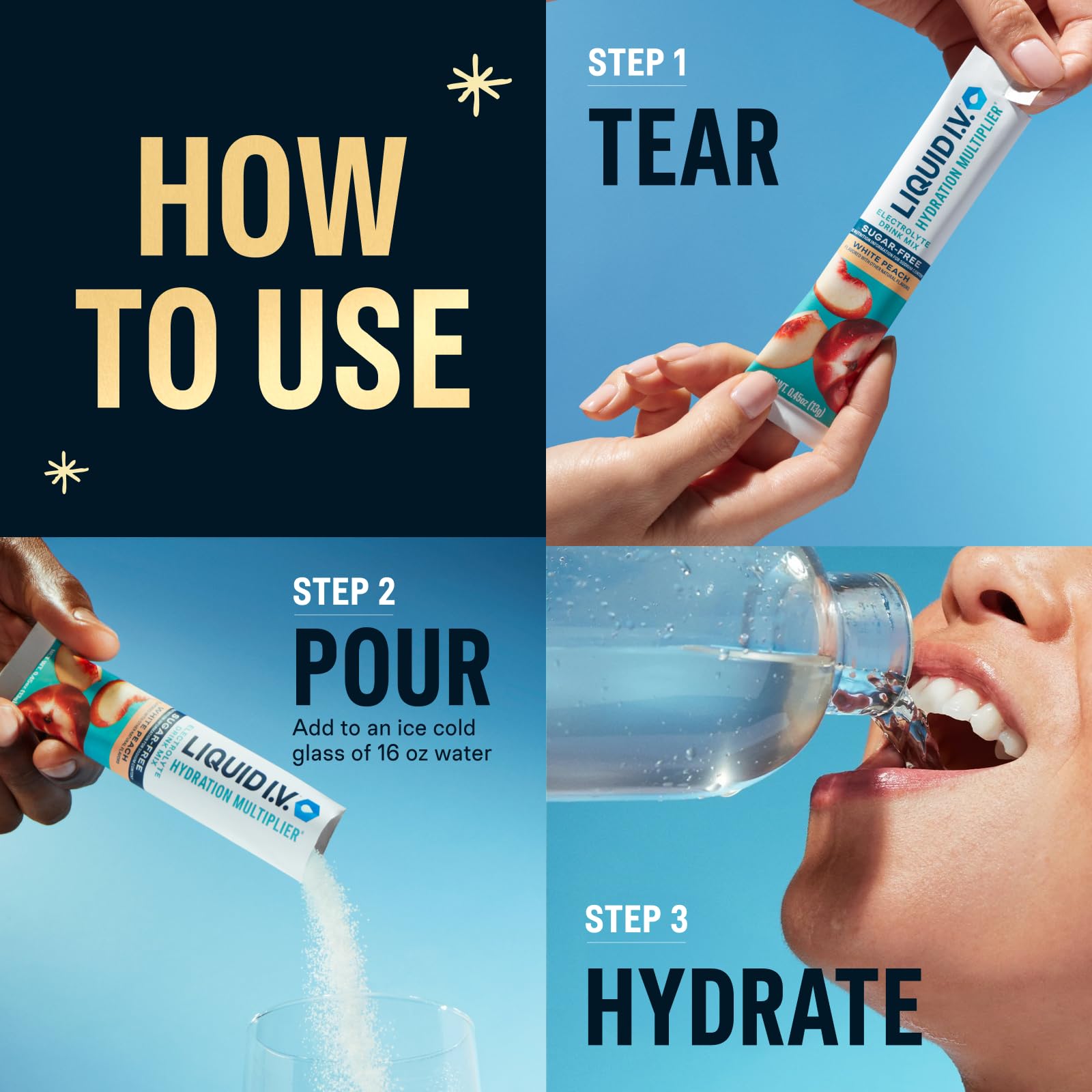 Liquid I.V.® Hydration Multiplier Sugar-Free - Variety Pack Stocking Stuffer - Raspberry Melon, Lemon Lime, and White Peach - 4 Pack (12 Sticks) Liquid I.V.Buy Supplements Australia