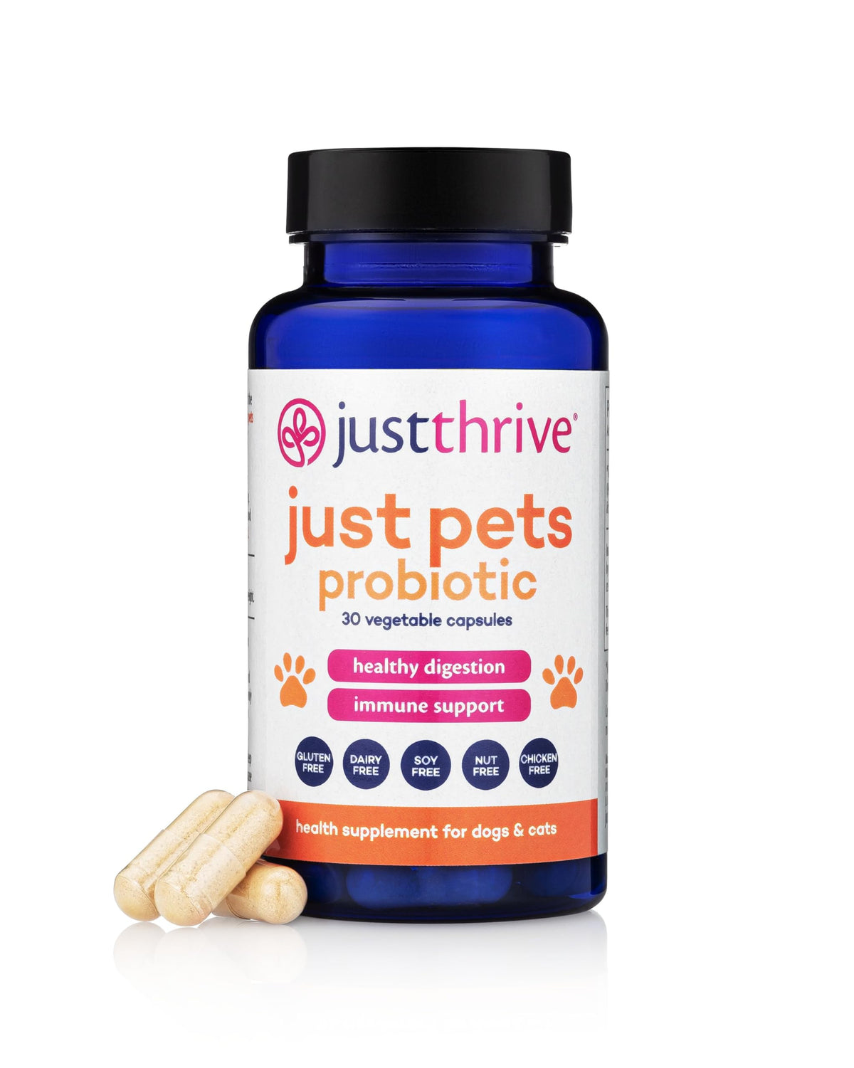 Just Thrive Just Pets Probiotic - Daily Digestive Probiotics for Dogs and Cats - 4 Billion CFUs Pet Probiotic, 30 Capsules Just ThriveBuy Supplements Australia