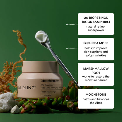 WILDLING Moonbounce 2% Bioretinol Plumping Moisturizer I Rock Samphire, Irish Sea Moss, Marshmallow Root, Moonstone I Hydrates, Boosts Elasticity, Firms I 99.5% Natural, Vegan, Cruelty Free (1.7fl oz) Wildling buy supplements Au