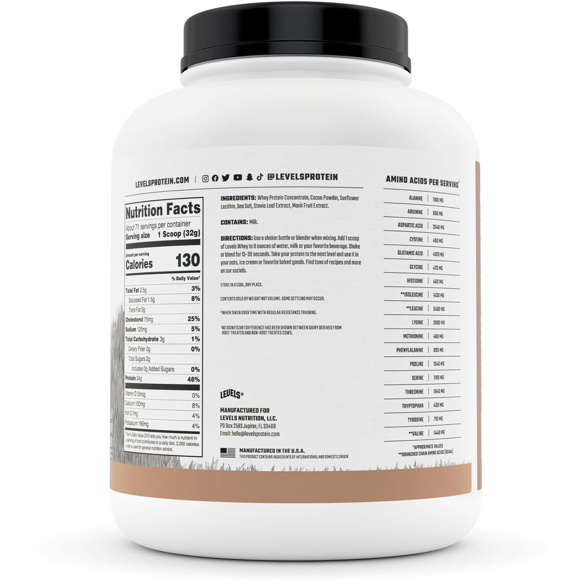 Levels Grass Fed 100% Whey Protein, No Hormones, Pure Chocolate, 5LB Levels NutritionBuy Supplements Australia