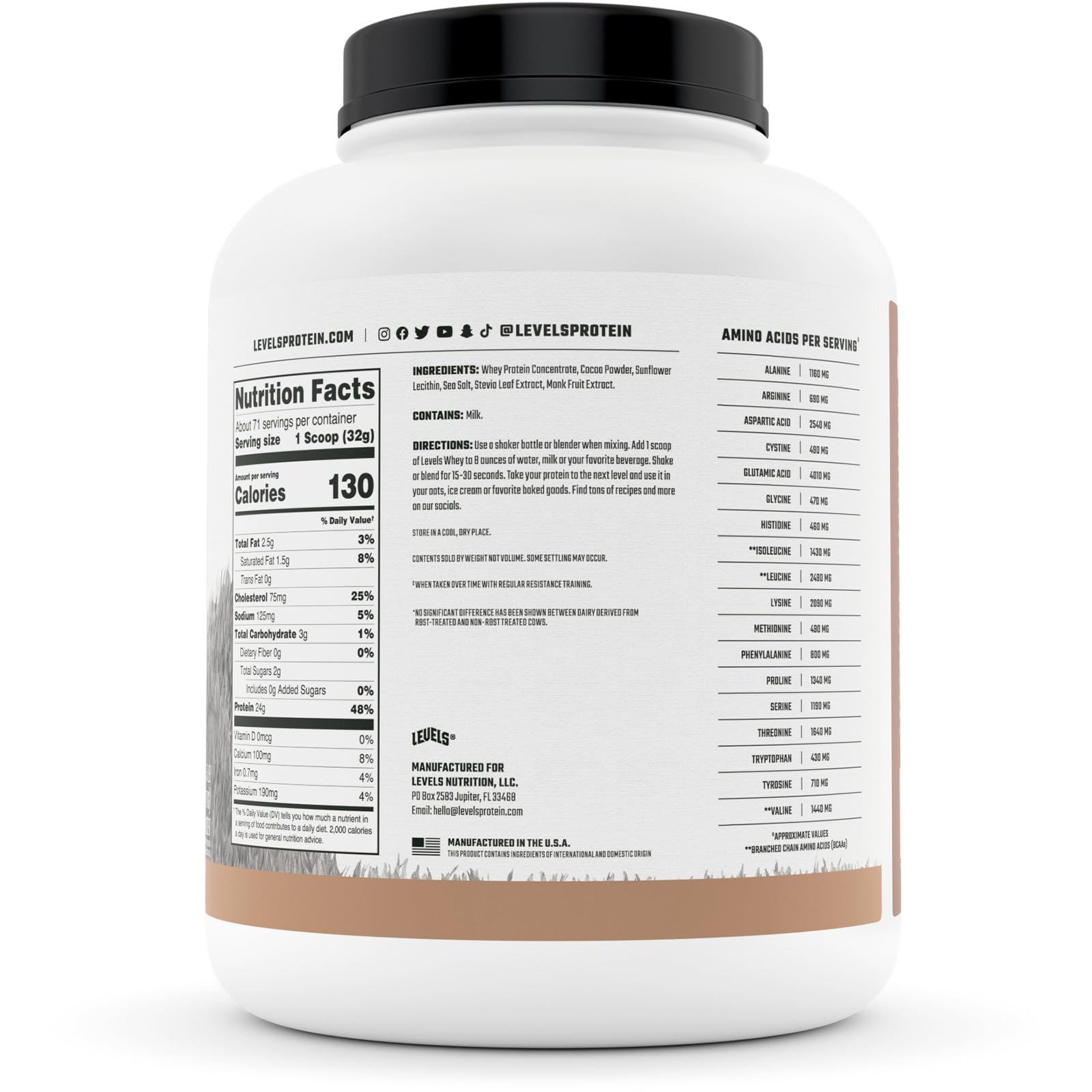Levels Grass Fed 100% Whey Protein, No Hormones, Pure Chocolate, 5LB Levels NutritionBuy Supplements Australia