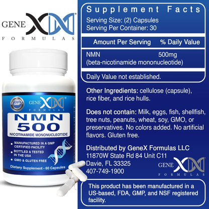 Genex Formulas NMN 500mg - 99% Pure Shelf Stabilized Supplement Capsules for Increased NAD Levels & Healthy Aging, GMP Certified, 500mg per Serving, 60 Capsules Genex FormulasBuy Supplements Australia