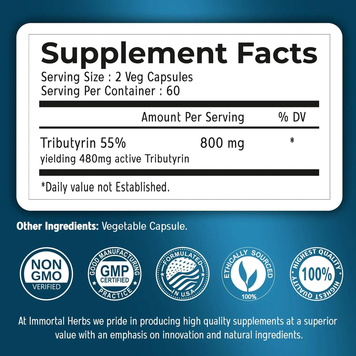 Immortal Herbs Tributyrin Supplement 800mg, Advanced Butyrate Form, 55% Standardized, More Effective Delivery Than Sodium Butyrate, 120 Capsules, Non-GMO & Gluten Free Postbiotic Supplement Immortal HerbsBuy Supplements Australia