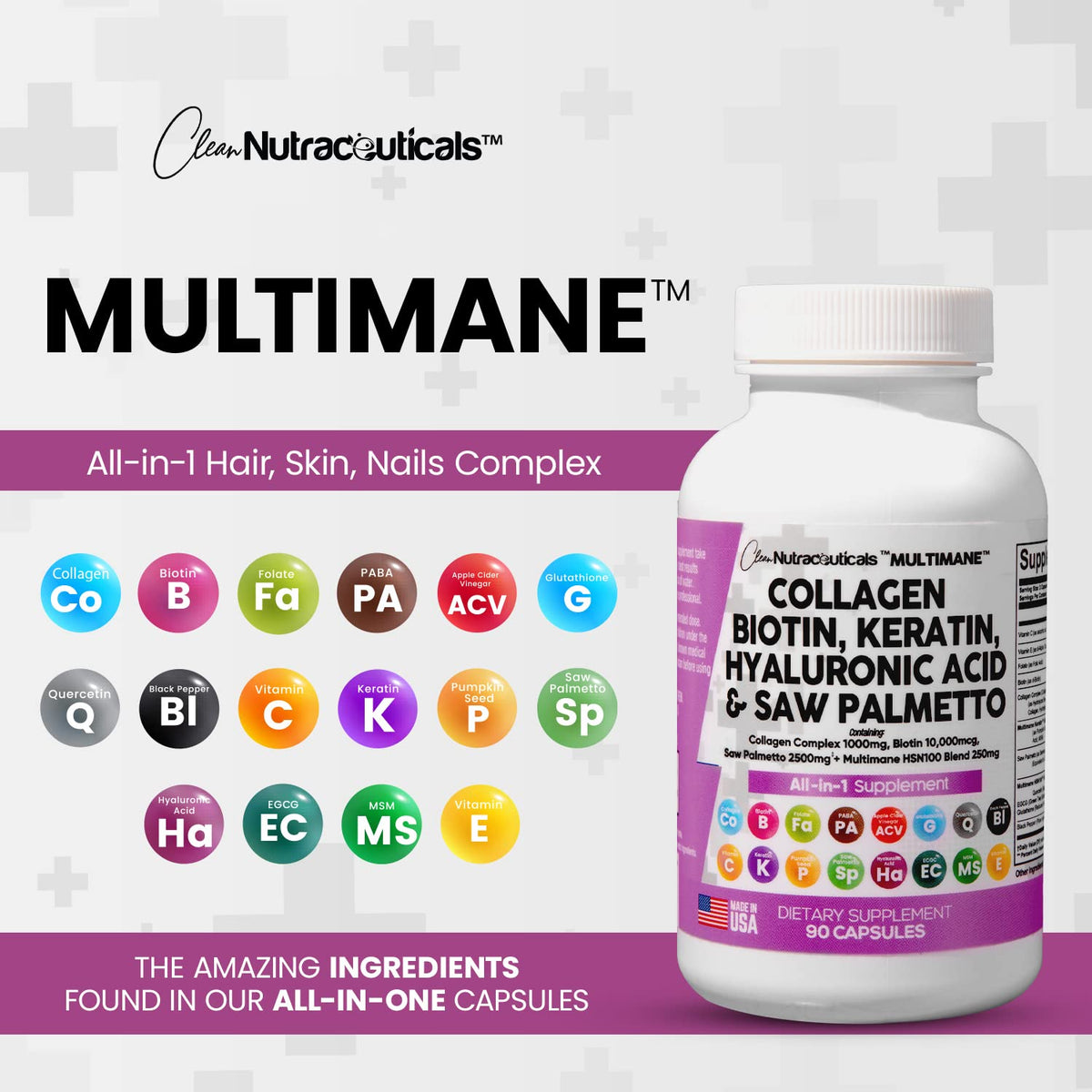 Collagen Pills 1000mg Biotin 10000mcg Keratin Saw Palmetto 2500mg 90 Ct