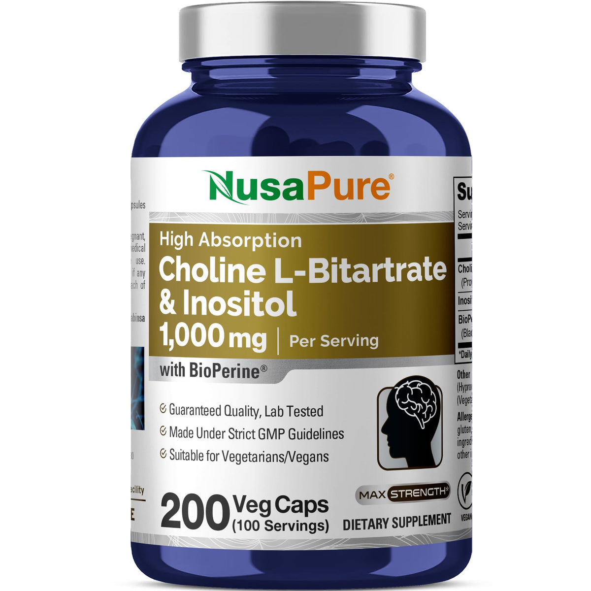 NusaPure Choline & Inositol - Suitable for Vegetarian/Vegan, Non - GMO - 1000mg - 200 Veggie Capsules NusaPureBuy Supplements Australia