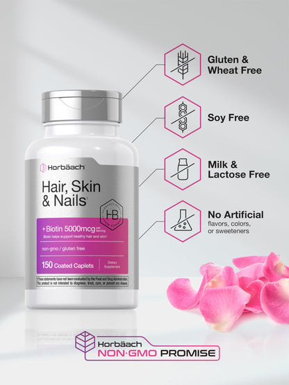 Horbäach Hair Skin and Nails Vitamins | 150 Caplets | with Biotin and Collagen | Supplement for Women and Men | Non-GMO, Gluten Free Horbäach buy supplements Au
