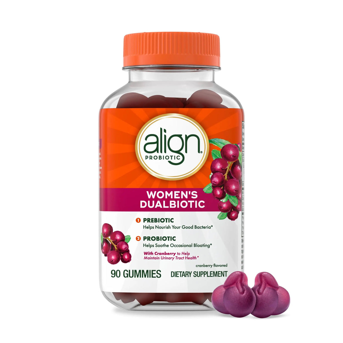 Align Probiotic, Women's Dualbiotic, Womens Probiotic Gummies, Prebiotics and Probiotics for Women, with Cranberry for Urinary Tract Health*, Cranberry Flavor, 90 Gummies AlignBuy Supplements Australia