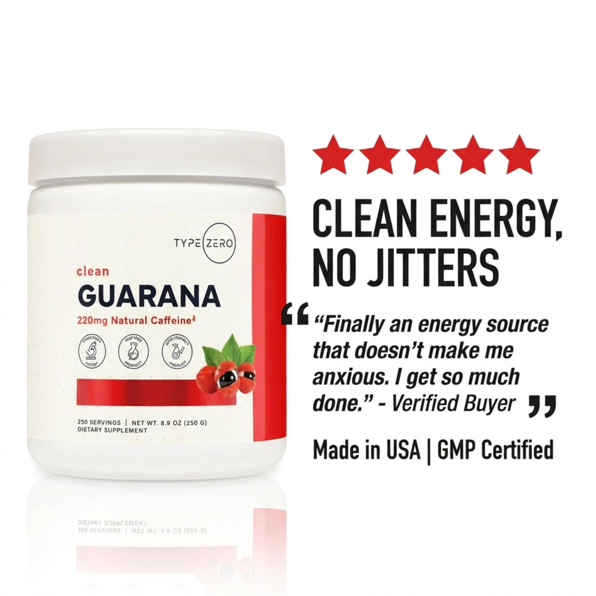 Type Zero Clean Guarana Powder Drink Mix (250 Servings, Unflavored) - 220 MG Caffeine Per Serving, Natural Caffeine, Non GMO, Gluten Free Type ZeroBuy Supplements Australia