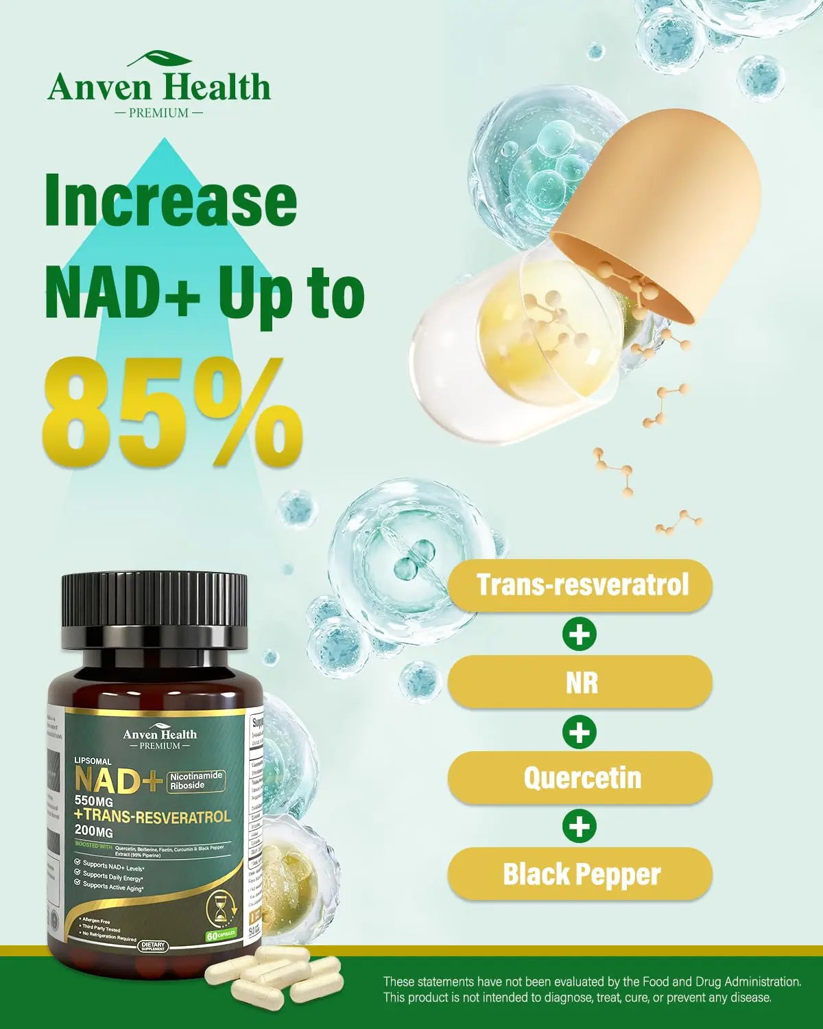 Anven Health Liposomal NAD+ Resveratrol Supplement - NMN Alternative with Trans-Resveratrol, Quercetin & Fisetin - NAD Plus for Women and Men, Cellular Energy & Healthy Aging, Non-GMO | 180 Capsules Anven HealthBuy Supplements Australia