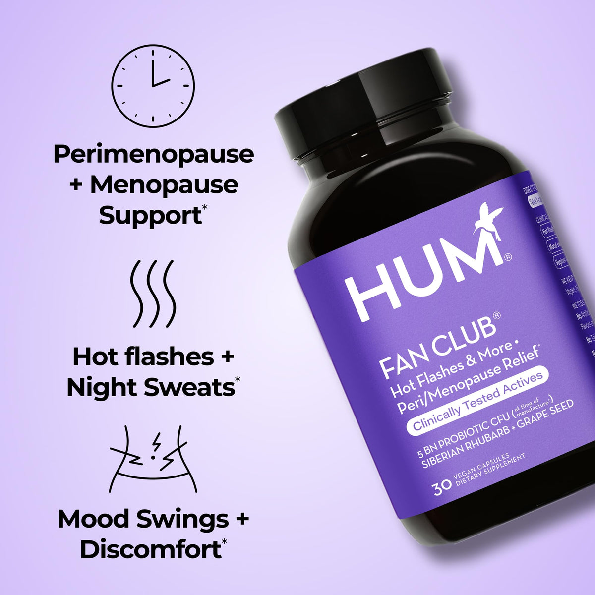 HUM Fan Club Menopause Probiotic Supplement, Estrogen Free Menopause Supplements for Women, Non Hormonal, Supports Energy & Hot Flashes, Grape Seed Extract & Siberian Rhubarb, 30 Vegan Capsules HUMBuy Supplements Australia
