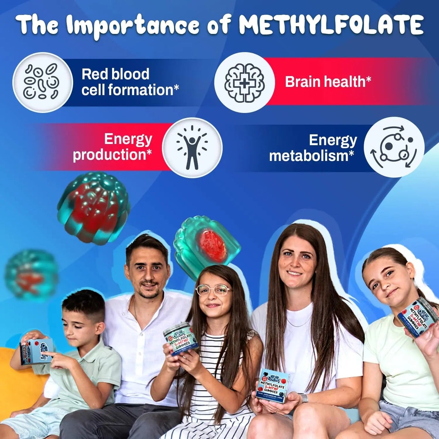 Center-Filled 5-MTHF Folate L-MethylFolate Sugar-Free Gummies - MTHFR Supplement Support with Methylated B1, B6 and Methyl B12 Multivitamins OH MY CHEWY