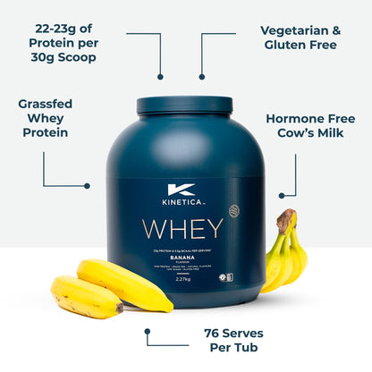 Kinetica Banana Whey Protein Powder | 2.27kg | 23g Protein per Serving | 76 Servings KineticaBuy Supplements Australia