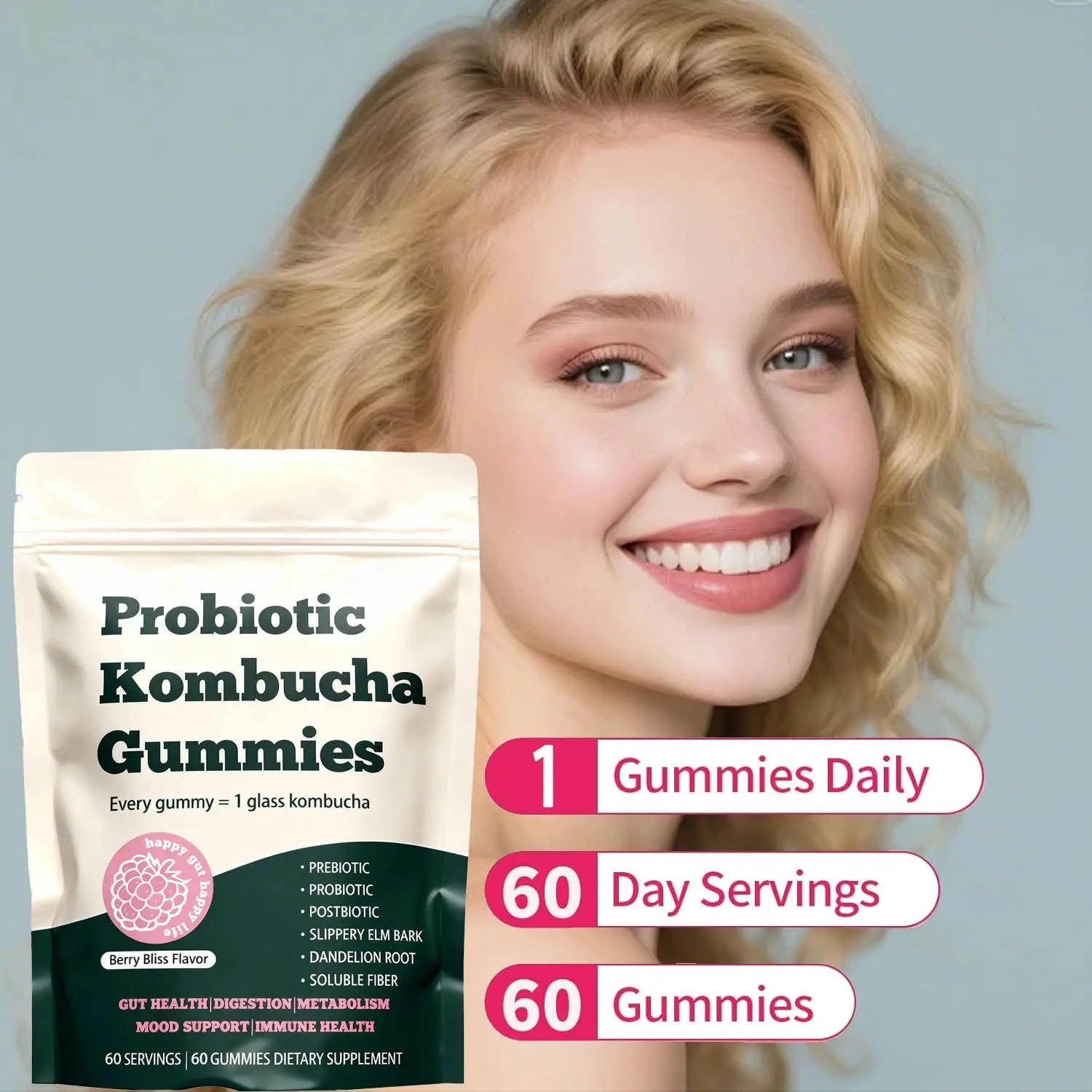 Glo Vous Probiotic Kombucha Gummies – 60 Gummies, with Prebiotics, Postbiotics & Fiber,Includes Slippery Elm, Dandelion Root & MCT Oil,Supports Digestive Health, Bloating Relief & Gut Support Glo VousBuy Supplements Australia