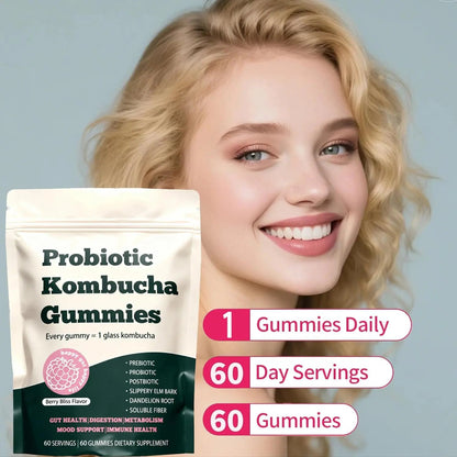 Glo Vous Probiotic Kombucha Gummies – 60 Gummies, with Prebiotics, Postbiotics & Fiber,Includes Slippery Elm, Dandelion Root & MCT Oil,Supports Digestive Health, Bloating Relief & Gut Support Glo VousBuy Supplements Australia
