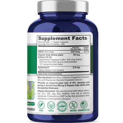 NusaPure Sea Kelp Natural Iodine 325mcg 10:1 Extract, 65 mg Equivalent to 650 mg Capsule 200 Count (Non-GMO, Vegan) NusaPureBuy Supplements Australia