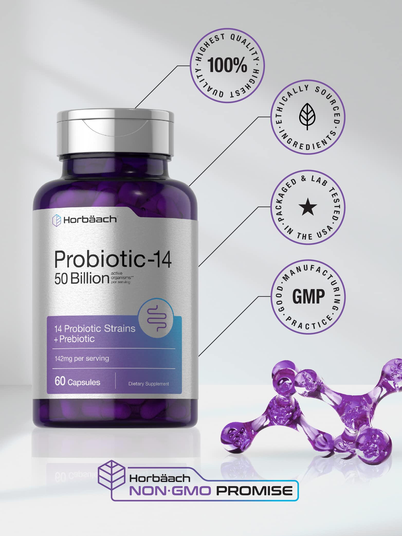 Horbäach Probiotics with Prebiotics | 60 Capsules | 50 Billion Active Organisms | Non-GMO HorbäachBuy Supplements Australia