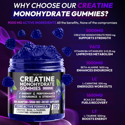 AEQNJV Creatine Gummies Monohydrate Complex for Men & Women, 9000MG Creatine Pre-Workout Supplement Enhance Muscle Strength Recovery Cognitive Health & Memory, 120 Gummies Sugar Free Vegan Non-GMO AEQNJVBuy Supplements Australia