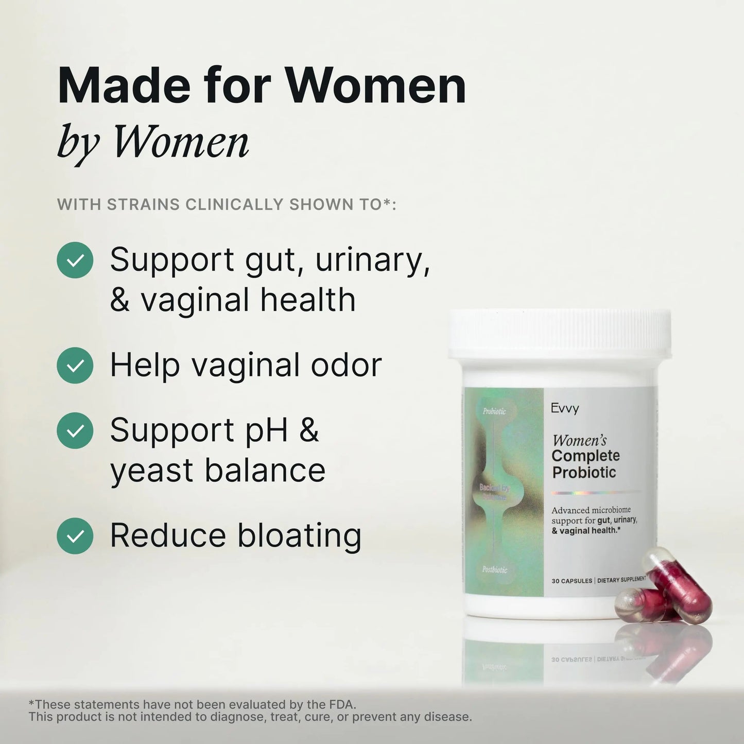 Evvy Women's 3-in-1 Complete Probiotic I Daily Probiotic Supplement to Reduce Bloating I Supports Gut, Urinary & Vaginal Health | Includes Vaginal Probiotics for Feminine Care | 30 Day Supply EvvyBuy Supplements Australia