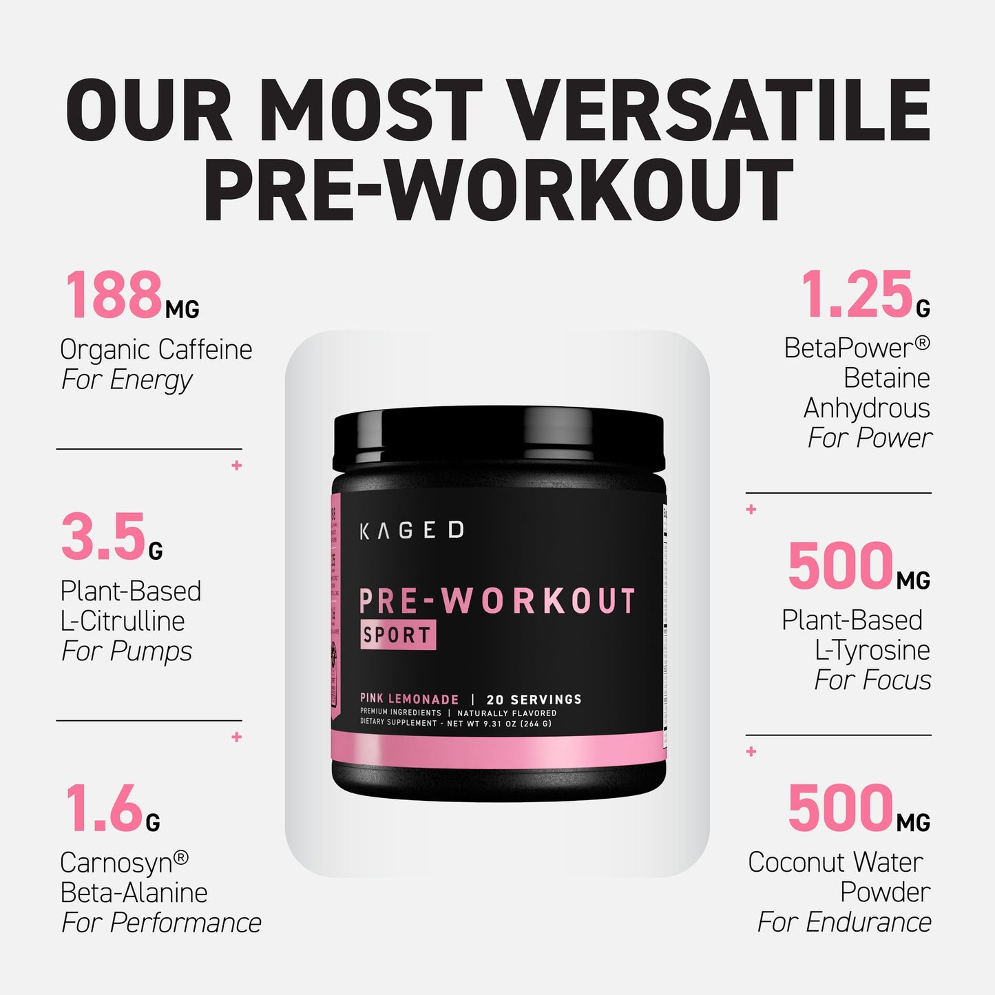 Kaged Sport Pre Workout Powder for Men & Women, Pink Lemonade, Sport Certified, 188mg Caffeine, Nitric Oxide, Beta Alanine, 20 Servings