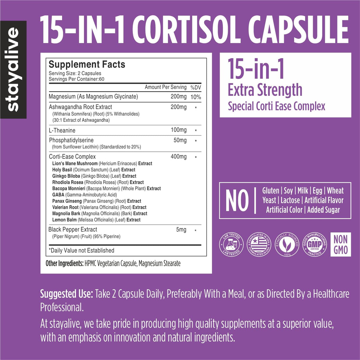 STAY ALIVE Cortisol Manager Supplement 15-in-1 Complex w/L-Theanine, Ashwagandha, Magnesium Glycinate, Phosphatidylserine and More, 120 Veg Capsules, Non-GMO & Gluten-Free Formula for Women and Men STAY ALIVEBuy Supplements Australia