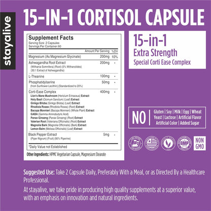 STAY ALIVE Cortisol Manager Supplement 15-in-1 Complex w/L-Theanine, Ashwagandha, Magnesium Glycinate, Phosphatidylserine and More, 120 Veg Capsules, Non-GMO & Gluten-Free Formula for Women and Men STAY ALIVEBuy Supplements Australia