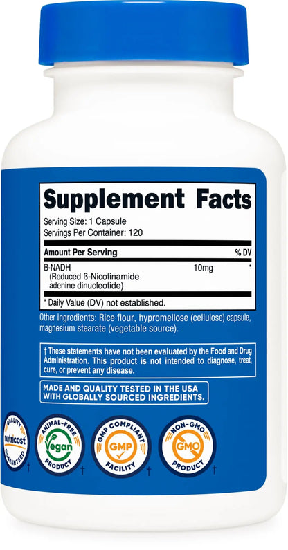 Nutricost NADH 10mg Per Serving 120 Capsules - B-Nicotinamide Adenine Dinucleotide, Vegan, Gluten-Free NutricostBuy Supplements Australia