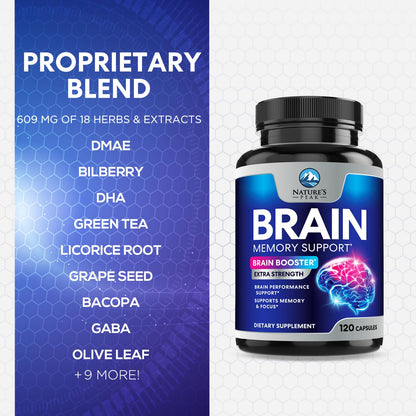 Brain Memory Supplement - 3X Strength Nootropics for Concentration, Clarity & Focus Support - Brain Health Cognitive Vitamins with Bacopa, Phosphatidylserine & DMAE, Brain Booster Pills, 120 Capsules Nature's PeakBuy Supplements Australia