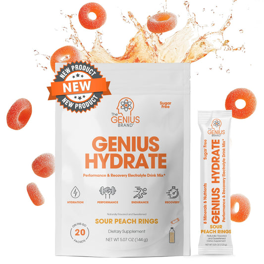 The Genius Brand Genius Hydrate - Electrolyte Supplement for Daily Hydration - Coconut Water - Sugar-Free - 8 Essential Minerals & Nutrients - Non-GMO - Sour Peach Rings - 20 Servings The Genius BrandBuy Supplements Australia