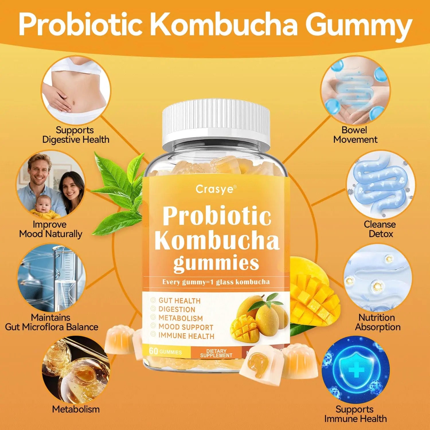 Crasye Probiotic Kombucha Gummies Sugar Free Prebiotic Postbiotic Probiotics Gummies with Slippery Elm for Women and Men Bloating Gut Health Immune and Digestive Support - 60 Gummies - 30 Servings CrasyeBuy Supplements Australia