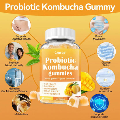Crasye Probiotic Kombucha Gummies Sugar Free Prebiotic Postbiotic Probiotics Gummies with Slippery Elm for Women and Men Bloating Gut Health Immune and Digestive Support - 60 Gummies - 30 Servings CrasyeBuy Supplements Australia
