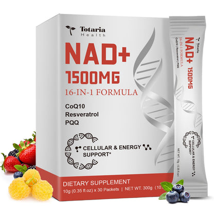 Totaria NAD Liquid Supplement 1500mg for Men & Women, Extra Strength NAD+, Resveratrol, PQQ, CoQ10, 16-in-1 Formula with Nicotinamide Riboside for Anti Aging, Energy, Immune, Focus (30 Packets) TotariaBuy Supplements Australia