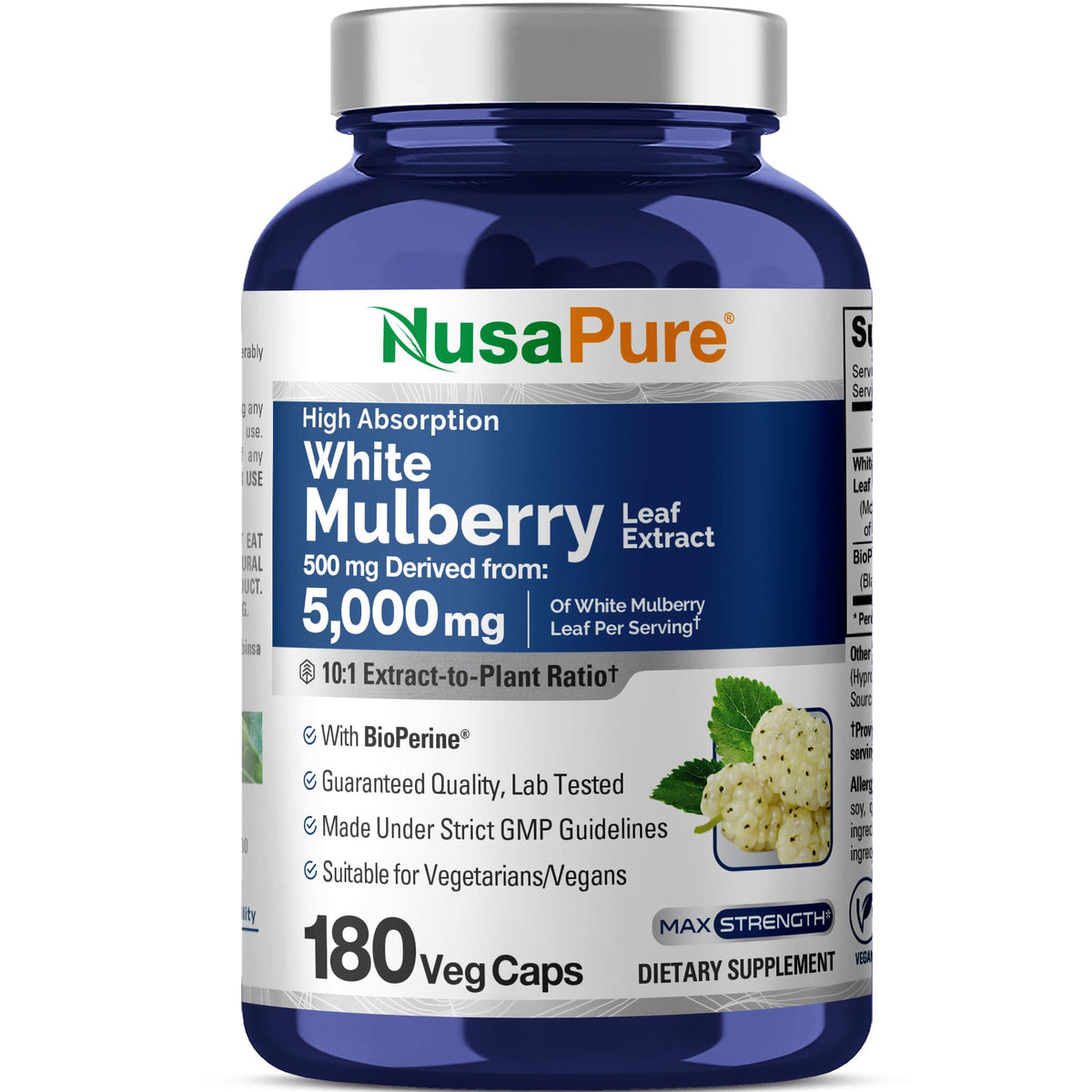 NusaPure White Mulberry Leaf Extract 10:1 Extract, 500 mg Equivalent to 5000mg 180 Veg Caps (Vegan, Non GMO Bioperine) NusaPureBuy Supplements Australia