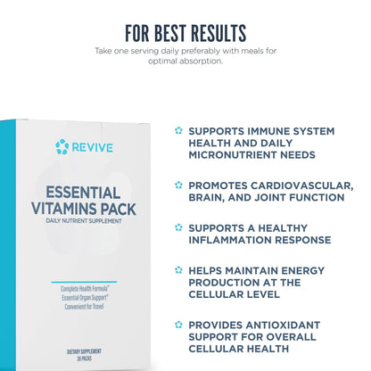 Revive MD Essential Vitamin Packs for Men & Women – Daily Multivitamin Packets with Arjuna & Turmeric Extract – Supports Heart, Joint & Organ Health Revive
