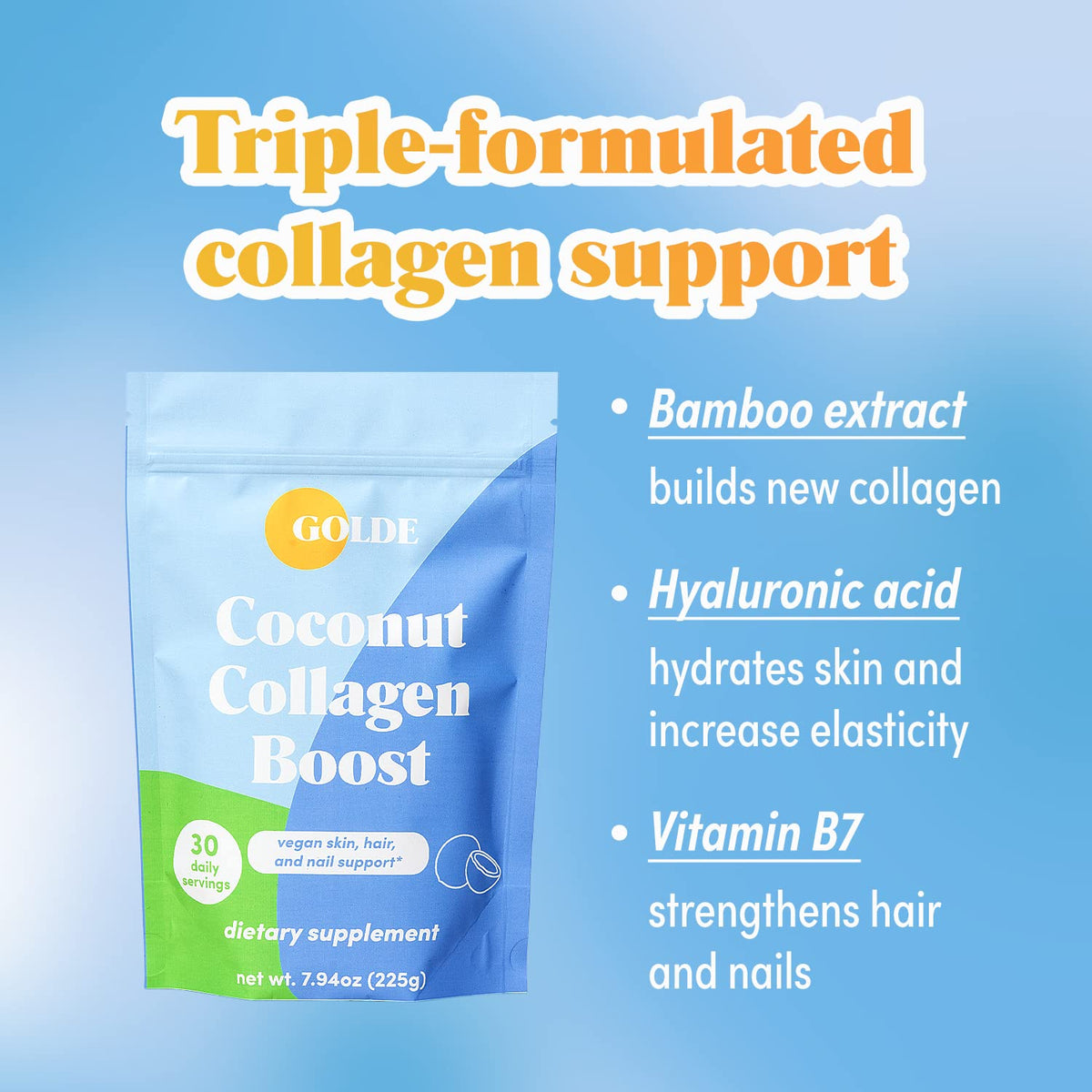 GOLDE - Collagen Boost Vegan Creamer - Vanilla Cream - Plant Based Collagen Supplement w/Hyaluronic Acid, Biotin, & Bamboo Extract - Supports Hair, Skin, & Nail Health - 30 Servings GOLDEBuy Supplements Australia