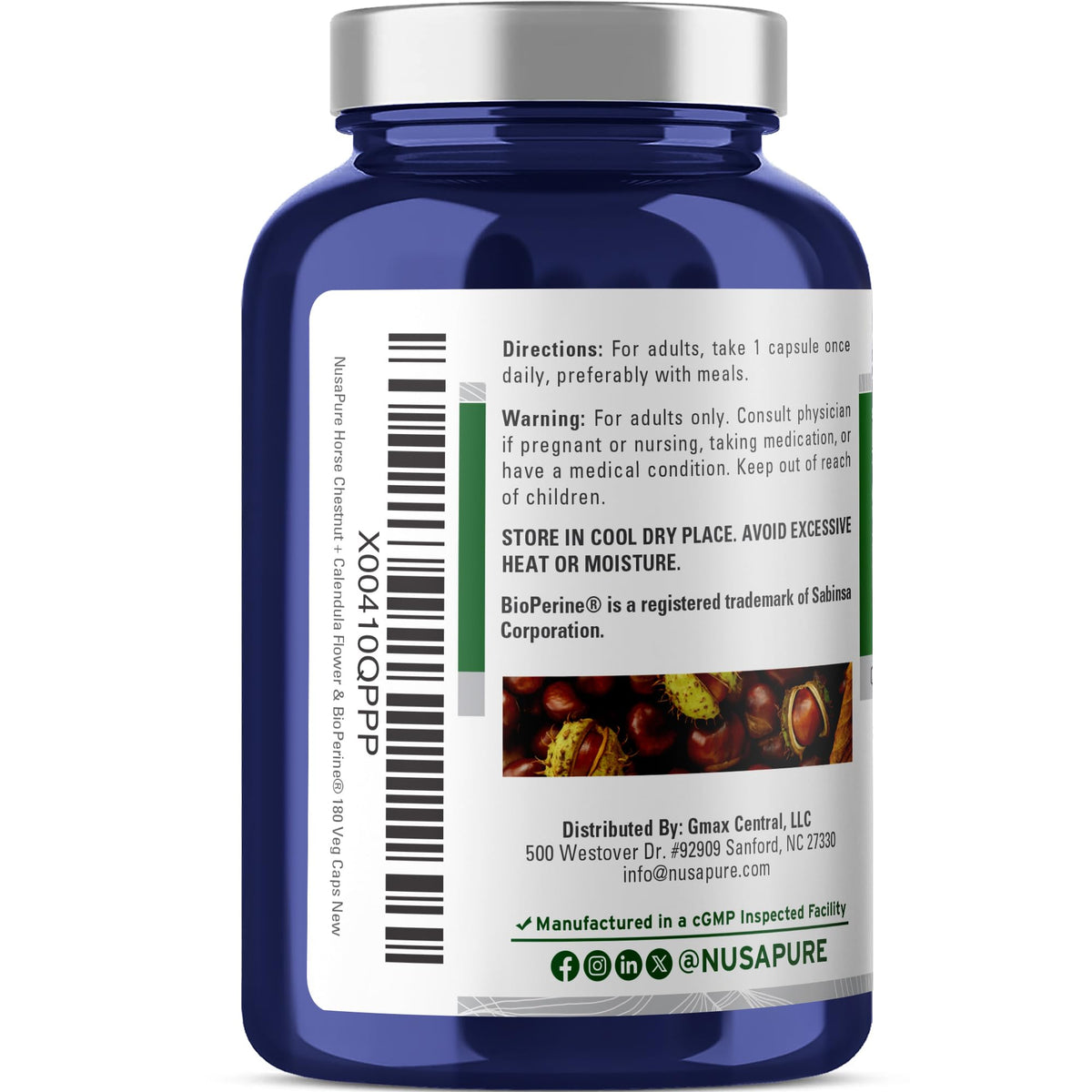 NusaPure Horse Chestnut 20:1 Extract, 300 mg Equivalent to 6,000mg 180 Veggie Caps Non-GMO, Vegan, BioPerine, Calendula Flower NusaPureBuy Supplements Australia