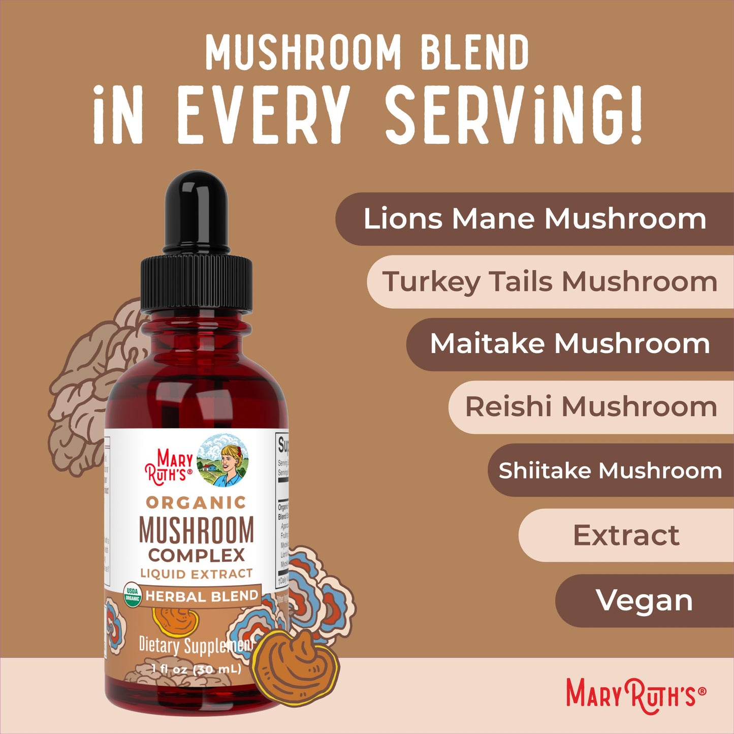 MaryRuth's Mushroom Complex | Lion's Mane | Turkey Tail | Reishi Mushroom | Shiitake Mushrooms | Alcohol Free | Mushroom Blend | Organic | Non-GMO | Vegan | 30 Servings MARYRUTH'SBuy Supplements Australia