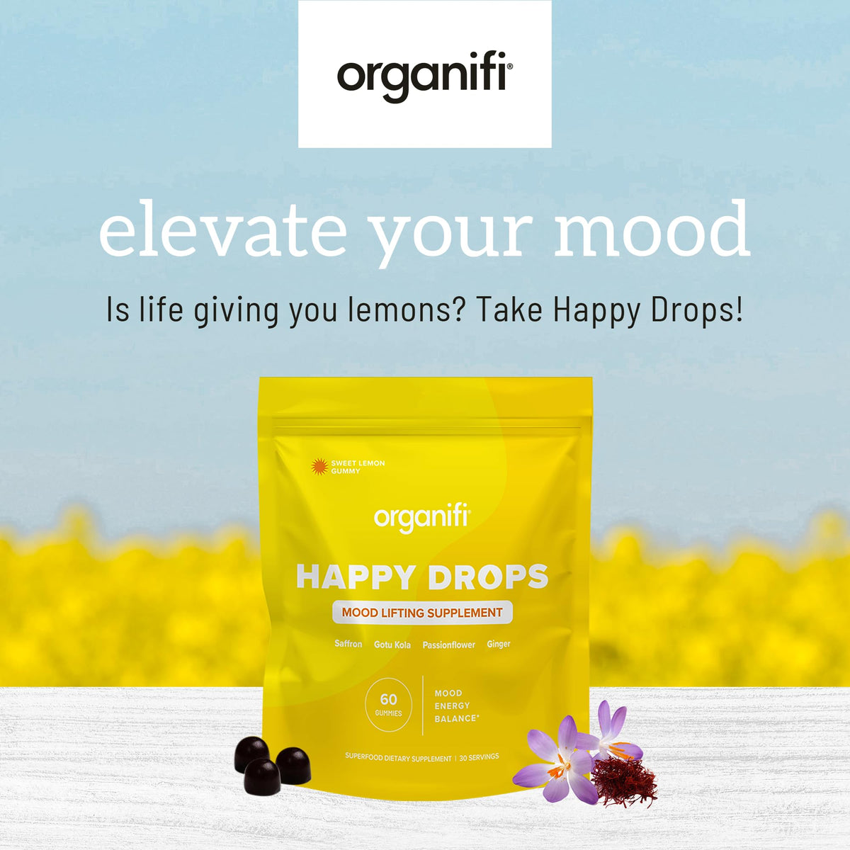 Organifi Happy Drops - Daily Superfood Happy Gummies for Adults - Mood Support Supplement for Balance, Bliss, Energy and Taking the Edge Off - Sweet Lemon Flavor - 60 Gummies Organifi buy supplements Au
