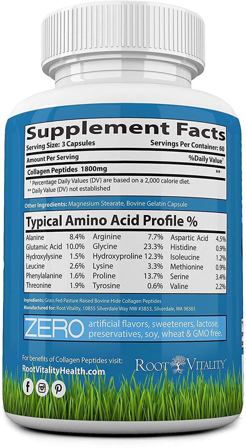 Root Vitality Collagen Peptides Capsules - Grass-Fed, Pasture-Raised Hydrolyzed Protein Supplement for Skin, Hair, & Nails - Non-GMO, Zero Sugar Daily Pills for Men & Women (180 Capsules) Root VitalityBuy Supplements Australia