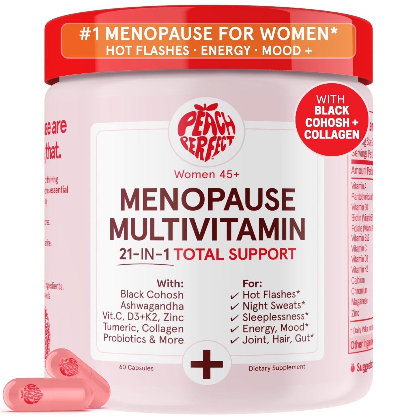 Peach Perfect Menopause Multivitamin | 21 Vitamins for Women 45+ | Black Cohosh, Ashwagandha, Vitamin D3+K2, Probiotics & Collagen | Support for Hot Flashes, Mood Swings, Joint & Skin Health | 30 SVG Peach PerfectBuy Supplements Australia