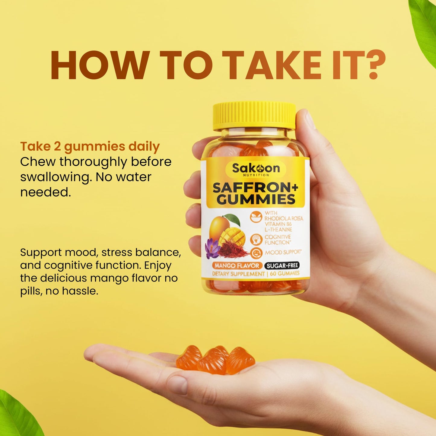 Saffron Gummies for Mood Boost & Stress Relief | Saffron Extract with 150mg Rhodiola Rosea & L-Theanine | Sugar Free Mango Flavor | Focus & Energy Supplement for Women & Men | 60 Count Sakoon nutrition buy supplements Au