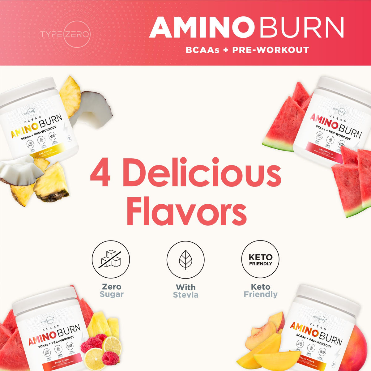 Type Zero AminoBurn (Watermelon Flavored) - Vegan Amino Acids BCAA Drink Sugar-Free Energy Drink Powder & Amino Acids Supplement - Natural Energy Type ZeroBuy Supplements Australia