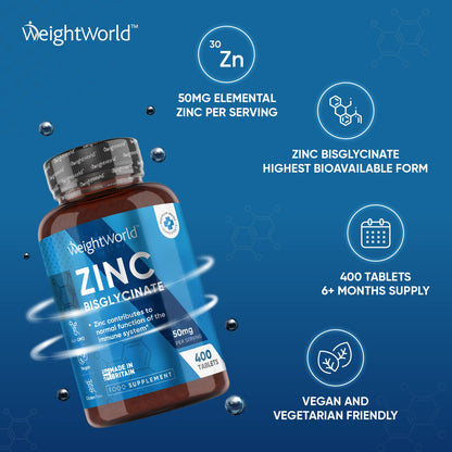High Strength Zinc Tablets 50mg – 400 Vegan Zinc Bisglycinate Tablets 6+ Months WeightWorldBuy Supplements Australia