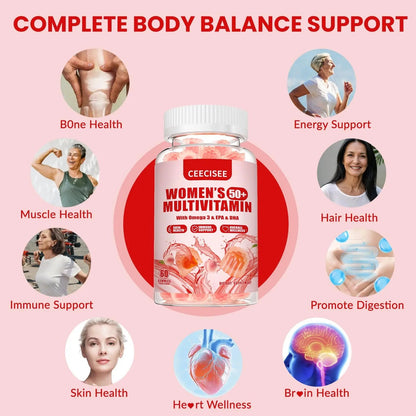 Ceecisee Vitamin Gummies for 50+ Women: Organic Vegan Multivitamin with Iron Omega3 B12 D3 Biotin Zinc Ashwagandha for Hair Skin Health Energy Immune Suppor Ceecisee