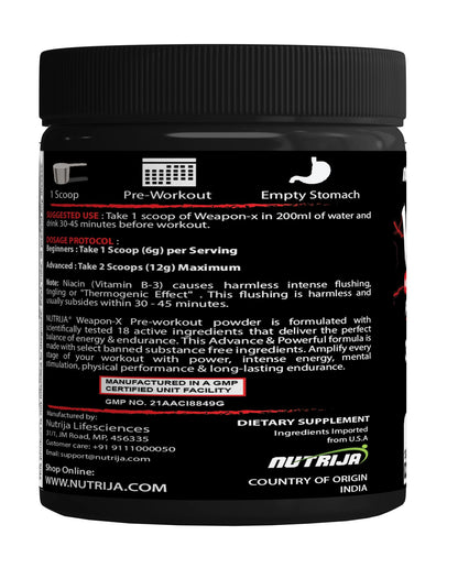 NutriJa Weapon-X Pre-Workout Powder with 21 Active Ingredients - 3 Best Forms of Creatine, AAKG, Beta-Alanine, Caffeinated | Pumps, Viens Popping, Energy, Focus & Strength (30 Servings (Lychee))