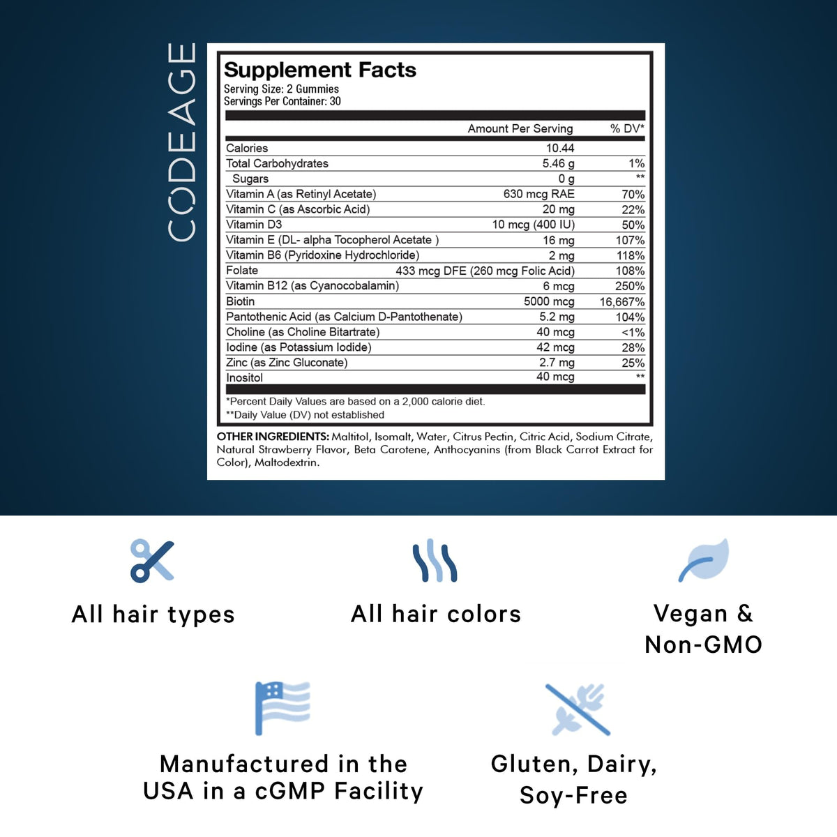 Codeage Hair Gummies, Biotin 5000 mcg, Sugar Free Growth Gummy Vitamins A, C, B6, B12, D3, Zinc, Inositol Supplement CodeageBuy Supplements Australia