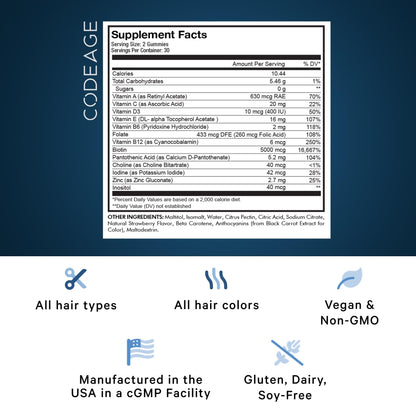 Codeage Hair Gummies, Biotin 5000 mcg, Sugar Free Growth Gummy Vitamins A, C, B6, B12, D3, Zinc, Inositol Supplement CodeageBuy Supplements Australia