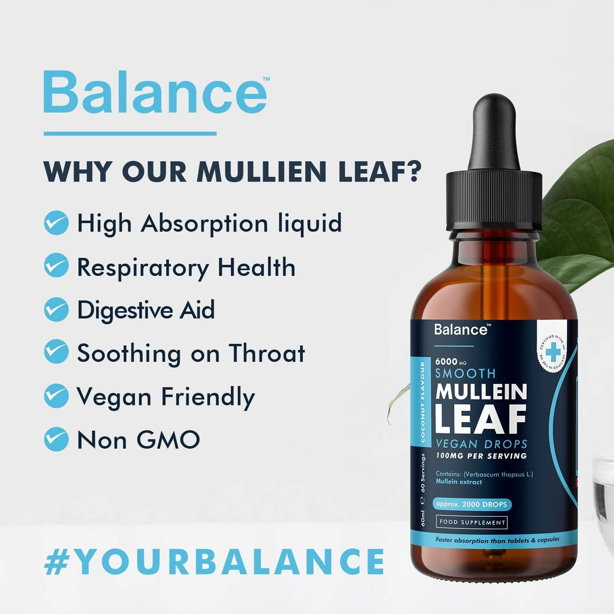 Balance Mullein Leaf Liquid Drops - 60ml for 2 Month Supply - High Strength - Vegan BalanceBuy Supplements Australia