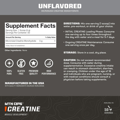 MTN OPS Micronized Creatine Monohydrate Powder – Unflavored 5 g per Serving, 50 Servings – Pure Creatine for Men for Muscle Recovery & Strength Training MTN OPSBuy Supplements Australia
