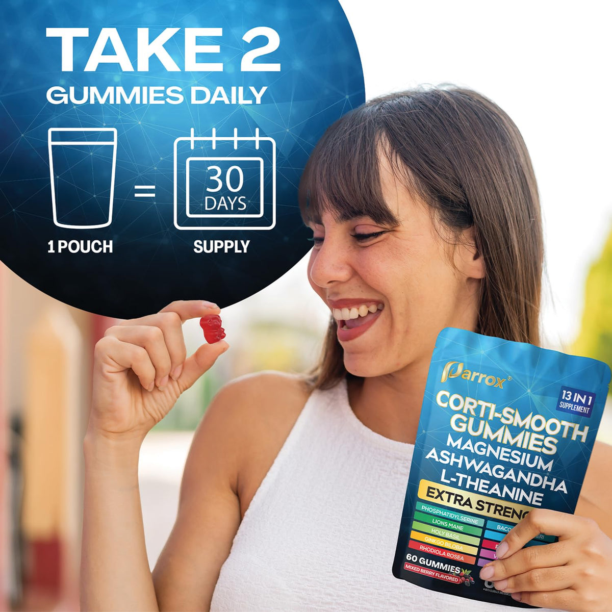 Parrox Corti-Smooth Cortisol Support Gummies with Magnesium, L-Theanine, Ashwagandha, Phosphatidylserine, Bacopa Monnieri, Lions Mane, Ginkgo Biloba, Valerian Root (60 Gummies - Mixed Berry Flavor) ParroxBuy Supplements Australia